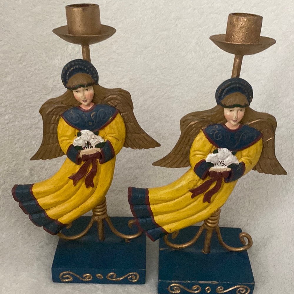 Winter Winds Folk Arts Art Angel Candleholder Midwest Canon Falls Set of 2